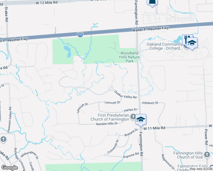 map of restaurants, bars, coffee shops, grocery stores, and more near 33755 Braebury Ridge in Farmington Hills