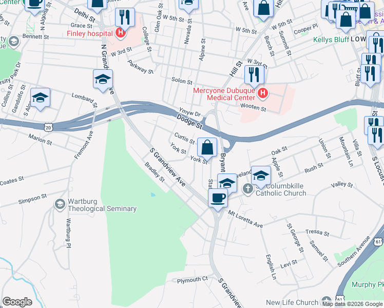 map of restaurants, bars, coffee shops, grocery stores, and more near 175 South Hill Street in Dubuque