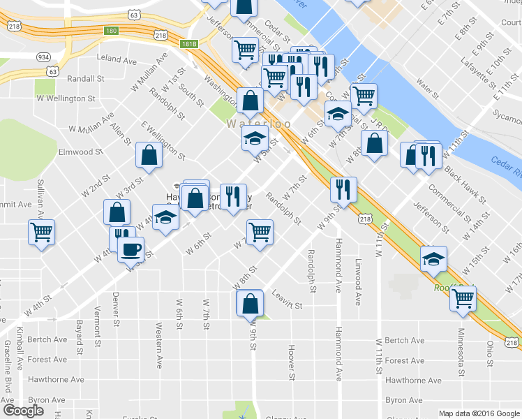 map of restaurants, bars, coffee shops, grocery stores, and more near 719 West 6th Street in Waterloo
