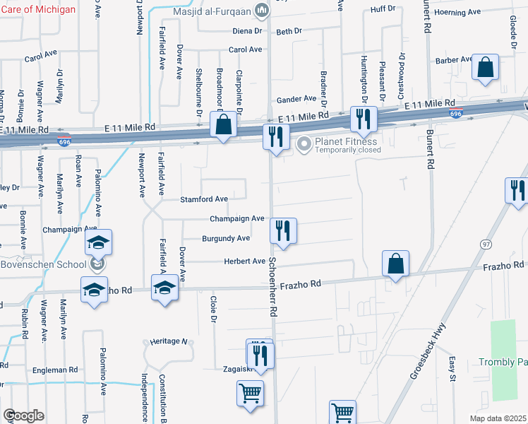 map of restaurants, bars, coffee shops, grocery stores, and more near 13339 Champaign Ave in Warren