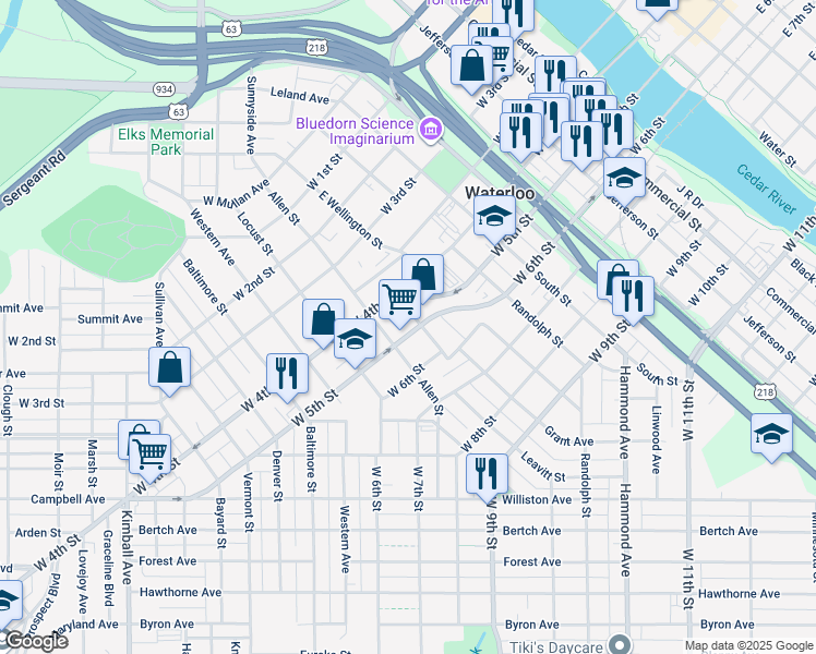 map of restaurants, bars, coffee shops, grocery stores, and more near 910 West 5th Street in Waterloo