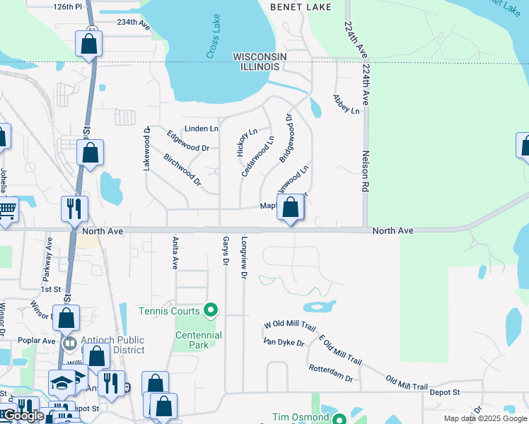 map of restaurants, bars, coffee shops, grocery stores, and more near 421 Maplewood Drive in Antioch