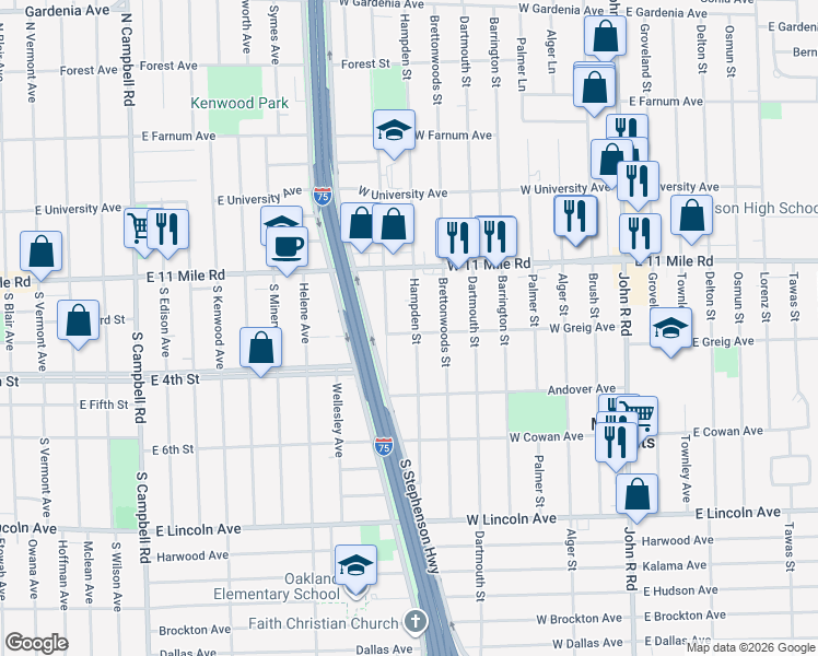 map of restaurants, bars, coffee shops, grocery stores, and more near 26709 Hampden Street in Madison Heights