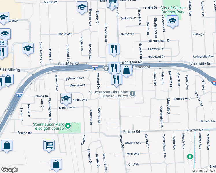 map of restaurants, bars, coffee shops, grocery stores, and more near 3861 Dora Drive in Warren