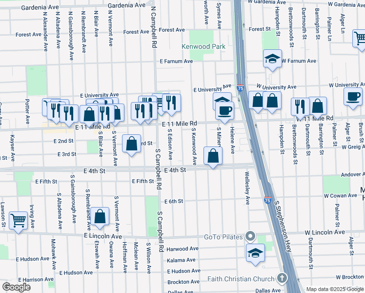 map of restaurants, bars, coffee shops, grocery stores, and more near 217 South Dorchester Avenue in Royal Oak