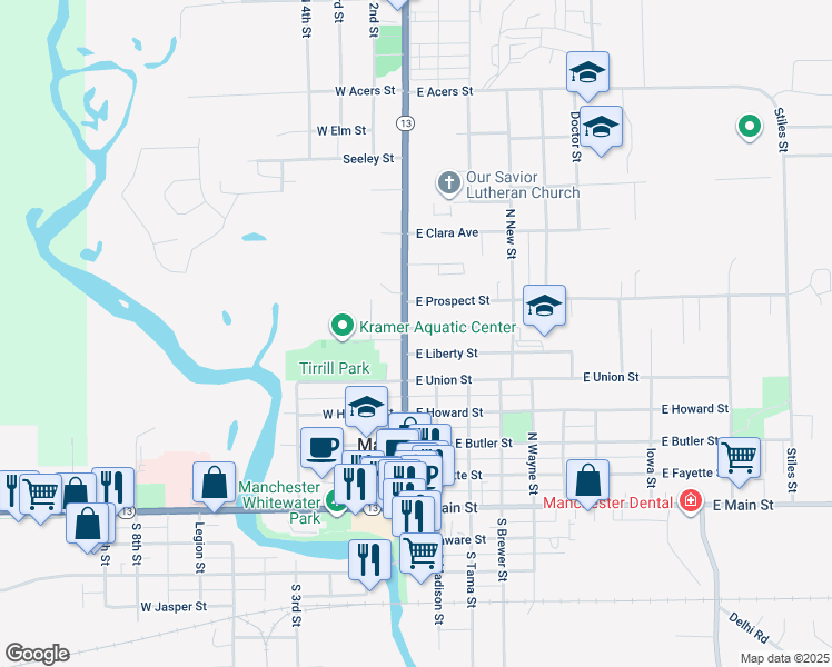 map of restaurants, bars, coffee shops, grocery stores, and more near 607-699 North Franklin Street in Manchester