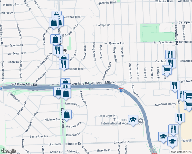 map of restaurants, bars, coffee shops, grocery stores, and more near 17269 Sunnybrook Drive in Southfield