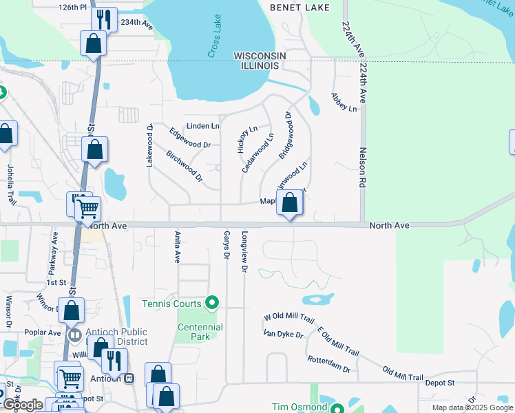 map of restaurants, bars, coffee shops, grocery stores, and more near 421 Maplewood Drive in Antioch