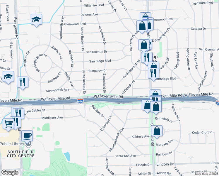 map of restaurants, bars, coffee shops, grocery stores, and more near 27275 Goldengate Drive West in Lathrup Village