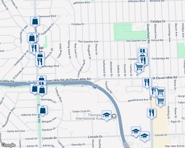 map of restaurants, bars, coffee shops, grocery stores, and more near 27180 Johnny Cake Lane in Southfield
