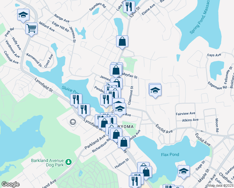 map of restaurants, bars, coffee shops, grocery stores, and more near 214 Broadway in Lynn