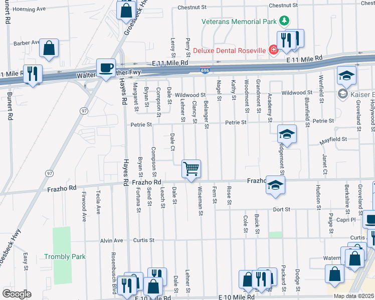 map of restaurants, bars, coffee shops, grocery stores, and more near 26244 Lehner Street in Roseville