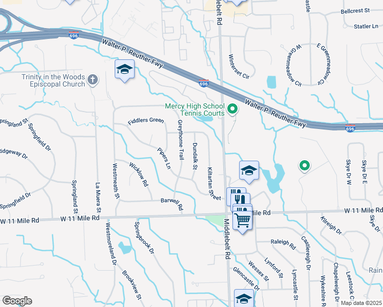 map of restaurants, bars, coffee shops, grocery stores, and more near 26319 Dundalk Street in Farmington Hills