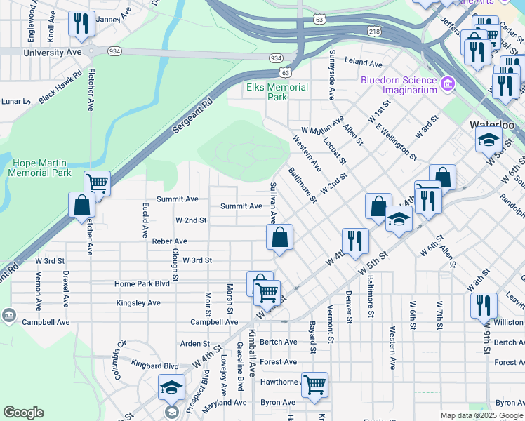 map of restaurants, bars, coffee shops, grocery stores, and more near 115 Summit Avenue in Waterloo
