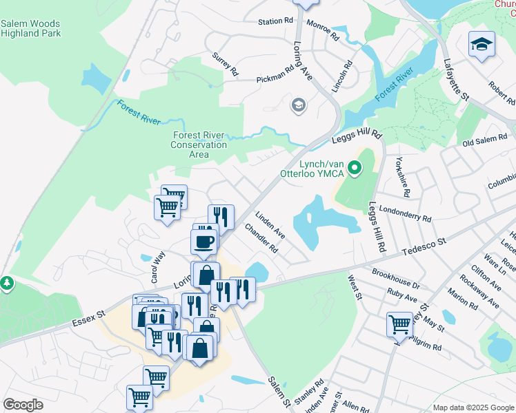 map of restaurants, bars, coffee shops, grocery stores, and more near 455 Loring Avenue in Salem