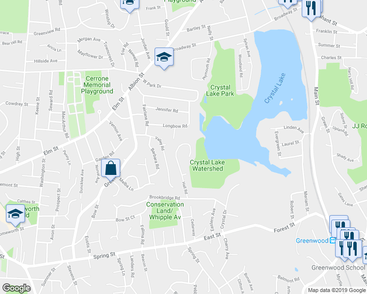 map of restaurants, bars, coffee shops, grocery stores, and more near 31 Hall Road in Stoneham
