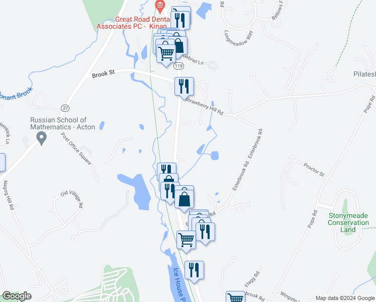 map of restaurants, bars, coffee shops, grocery stores, and more near 205 Great Road in Acton