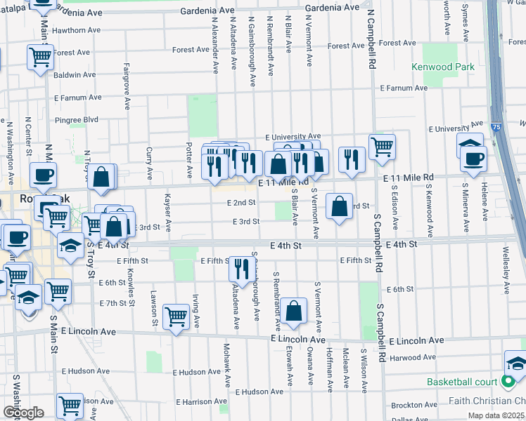 map of restaurants, bars, coffee shops, grocery stores, and more near 211 South Gainsborough Avenue in Royal Oak