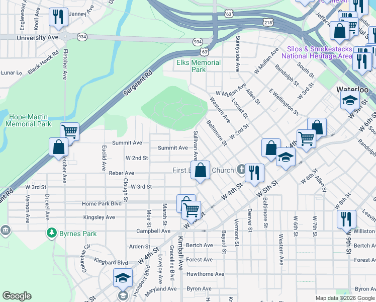 map of restaurants, bars, coffee shops, grocery stores, and more near 115 Summit Avenue in Waterloo