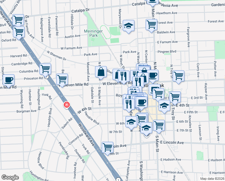 map of restaurants, bars, coffee shops, grocery stores, and more near 122 South Laurel Street in Royal Oak