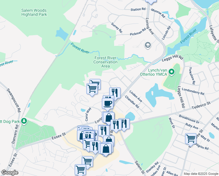 map of restaurants, bars, coffee shops, grocery stores, and more near 19 Cedarcrest Road in Salem