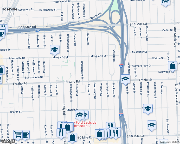 map of restaurants, bars, coffee shops, grocery stores, and more near 26078 Pattow Street in Roseville