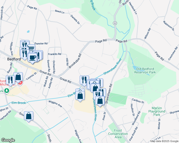 map of restaurants, bars, coffee shops, grocery stores, and more near 16 Elmbrook Road in Bedford