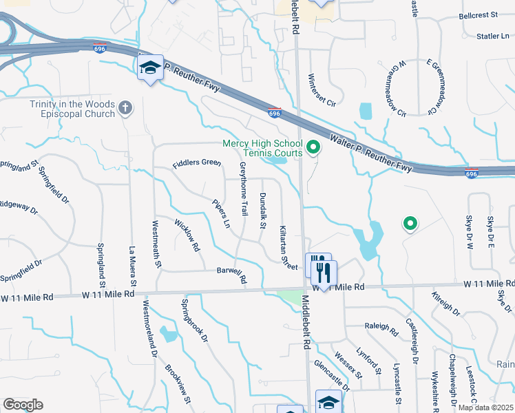 map of restaurants, bars, coffee shops, grocery stores, and more near 26319 Dundalk Street in Farmington Hills