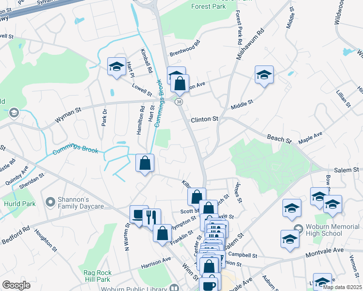 map of restaurants, bars, coffee shops, grocery stores, and more near 385 Place Lane in Woburn