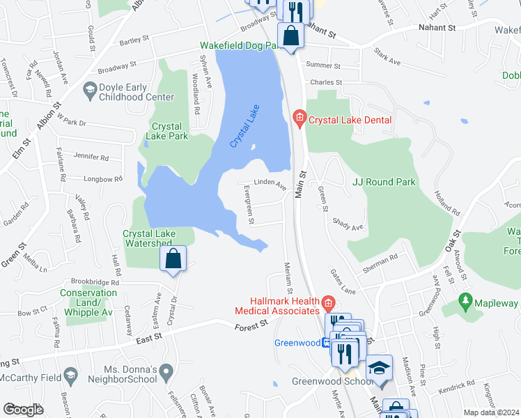 map of restaurants, bars, coffee shops, grocery stores, and more near 18 Laurel Street in Wakefield