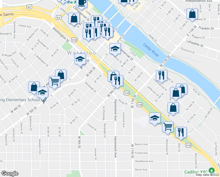 map of restaurants, bars, coffee shops, grocery stores, and more near 1019 South Street in Waterloo