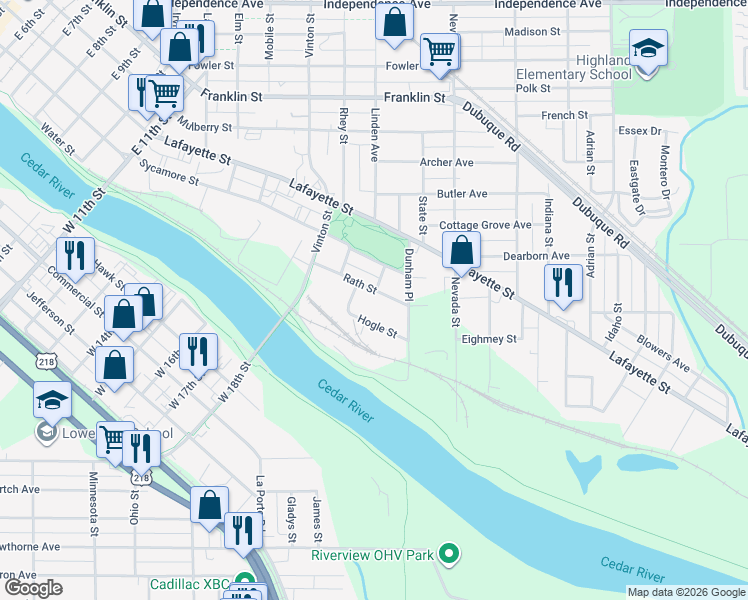 map of restaurants, bars, coffee shops, grocery stores, and more near 410 Rath St in Waterloo