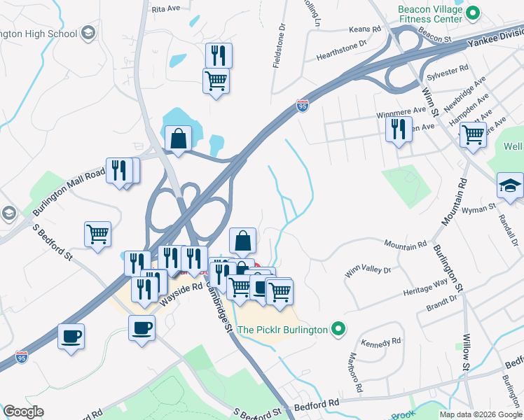 map of restaurants, bars, coffee shops, grocery stores, and more near 2 Littles Brook Court in Burlington