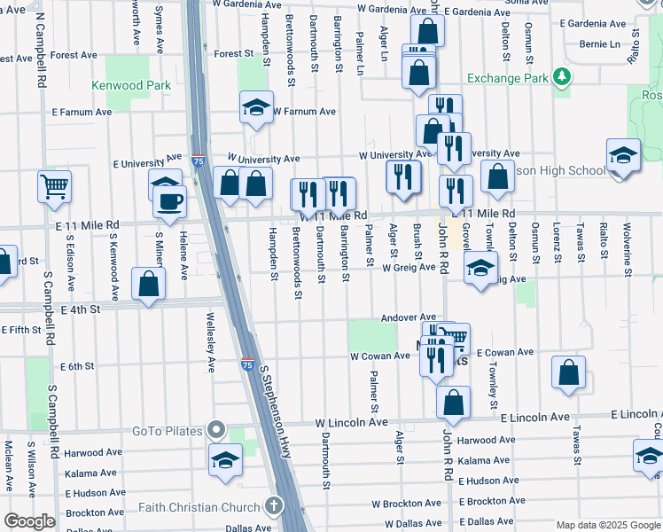 map of restaurants, bars, coffee shops, grocery stores, and more near 26708 Dartmouth St in Madison Heights