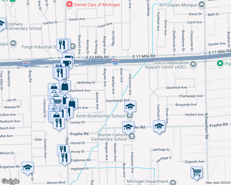 map of restaurants, bars, coffee shops, grocery stores, and more near 26460 Marilyn Avenue in Warren
