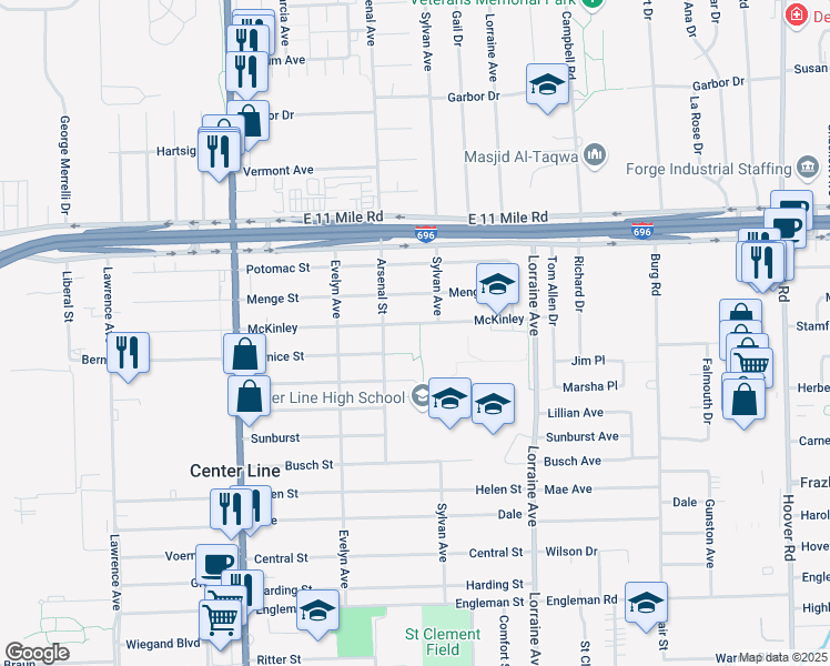map of restaurants, bars, coffee shops, grocery stores, and more near 8456 Mckinley in Center Line