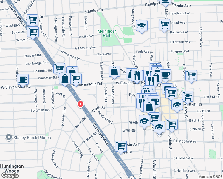 map of restaurants, bars, coffee shops, grocery stores, and more near 120 South Maple Avenue in Royal Oak