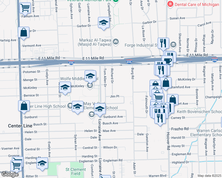 map of restaurants, bars, coffee shops, grocery stores, and more near 26465 Richard Drive in Warren