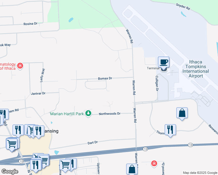map of restaurants, bars, coffee shops, grocery stores, and more near 404 East Pointe Drive in Lansing