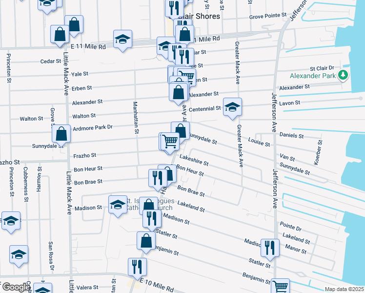 map of restaurants, bars, coffee shops, grocery stores, and more near 26600 Harper Avenue in St. Clair Shores