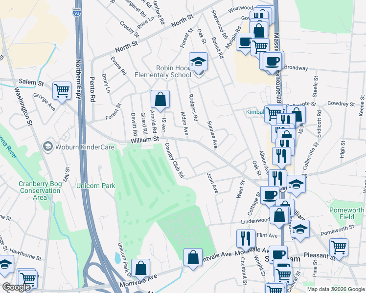 map of restaurants, bars, coffee shops, grocery stores, and more near 372 William St in Stoneham