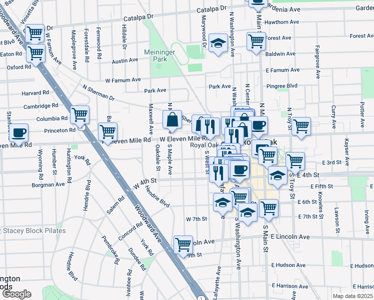 map of restaurants, bars, coffee shops, grocery stores, and more near 119 S Pleasant St in Royal Oak