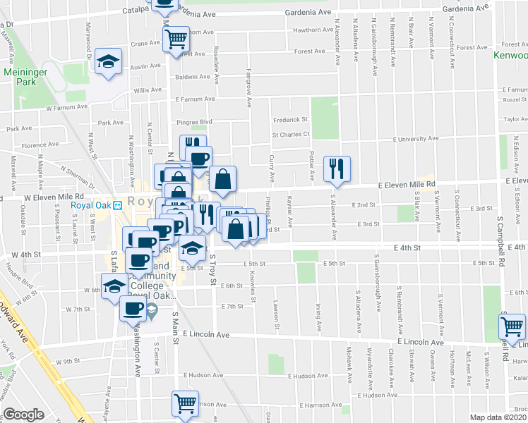 map of restaurants, bars, coffee shops, grocery stores, and more near 202 Phillips Place in Royal Oak