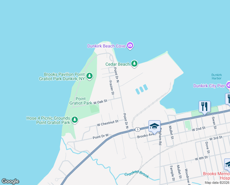 map of restaurants, bars, coffee shops, grocery stores, and more near 101 Frazier Street in Dunkirk