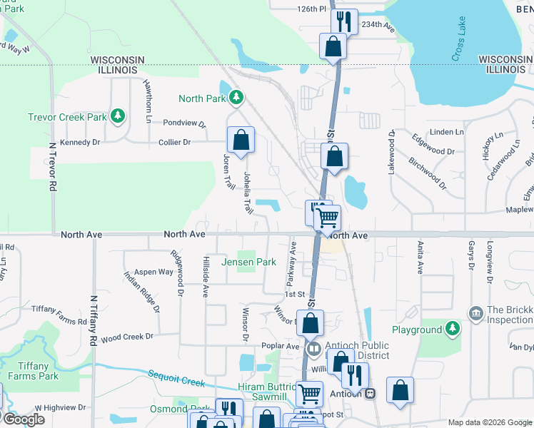 map of restaurants, bars, coffee shops, grocery stores, and more near 491 Johelia Trail in Antioch