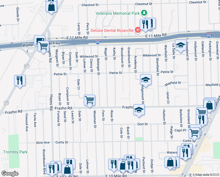 map of restaurants, bars, coffee shops, grocery stores, and more near 26110 Nagel Street in Roseville