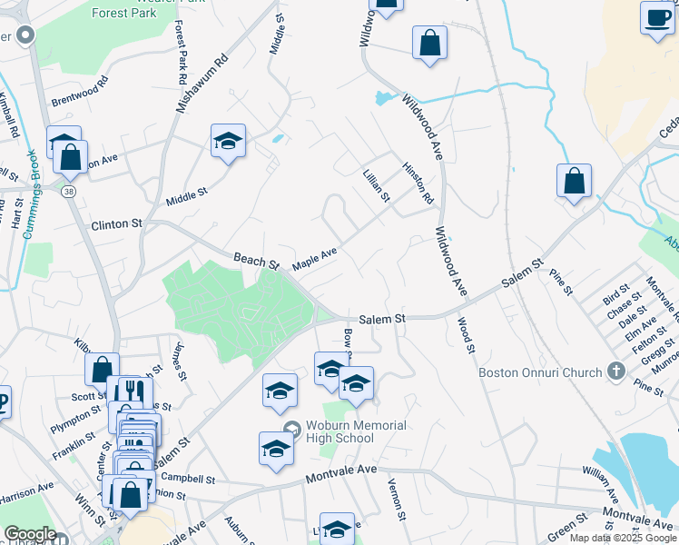map of restaurants, bars, coffee shops, grocery stores, and more near 5 Dearborn Terrace in Woburn
