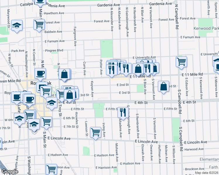 map of restaurants, bars, coffee shops, grocery stores, and more near 828 East 2nd Street in Royal Oak
