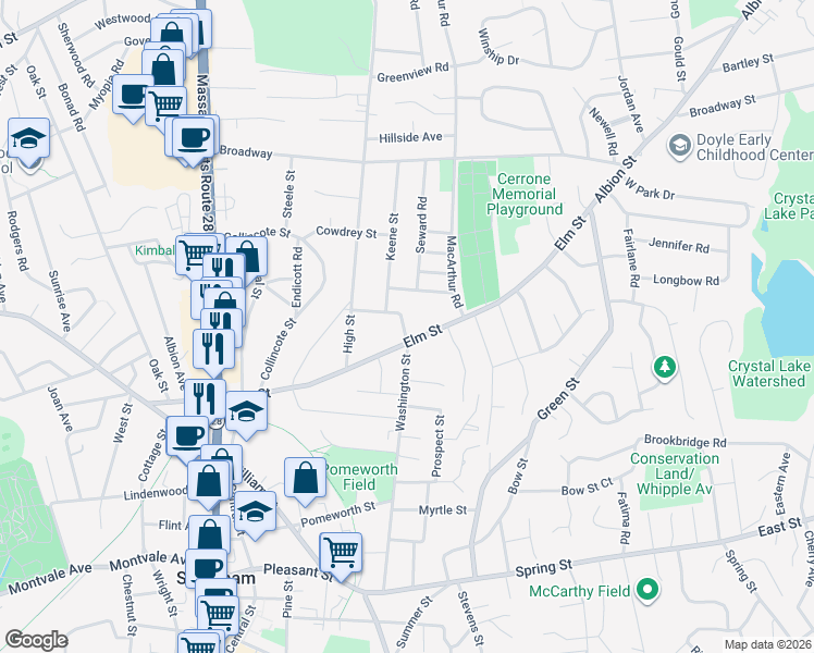 map of restaurants, bars, coffee shops, grocery stores, and more near 75 Washington Street in Stoneham