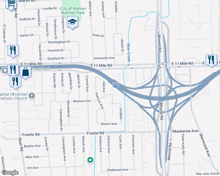 map of restaurants, bars, coffee shops, grocery stores, and more near 26649 Curie Avenue in Warren